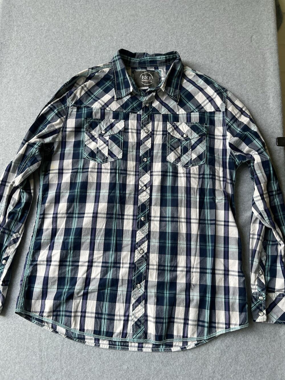 BKE XXL Blue Plaid Pearl Snap Western Shirt Standard Fit Cotton Long Sleeve